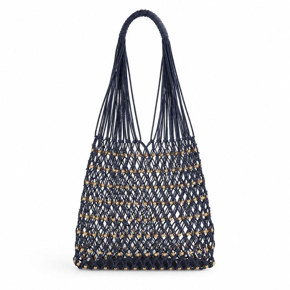 Free People Wishing Well Beaded Net Tote Blue Gold Crochet Macrame Bag NWT